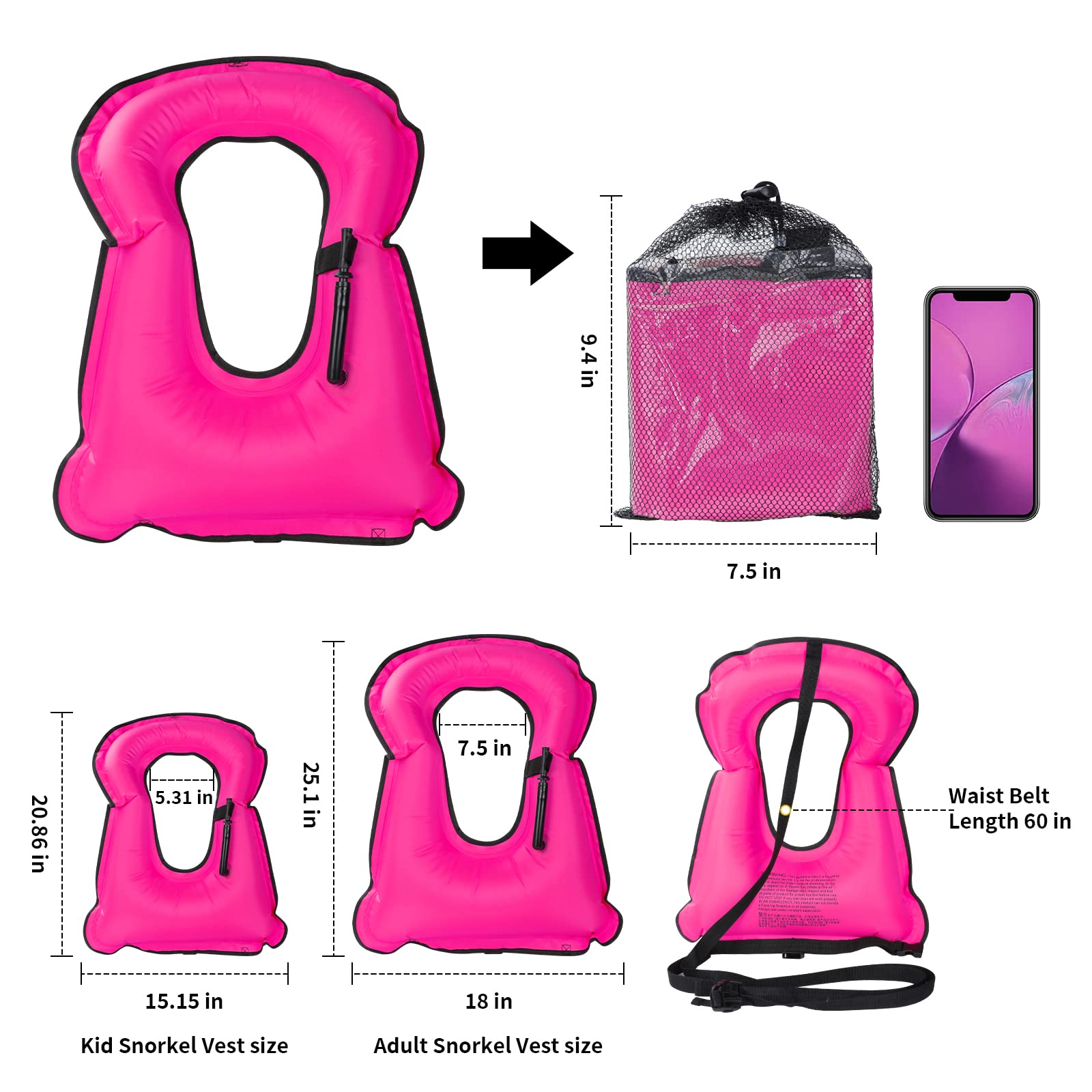 Schnorchelweste Erwachsene, Aufblasbare Schnorchelweste Erwachsene, Einstellbare Schnorchelweste zum Tauchen, Sicherheit Wassersport (Rosa)