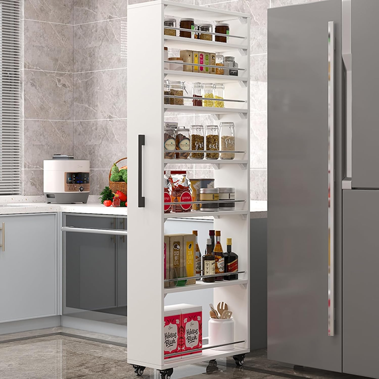 Standing-Shelf with Wheels, 5.9/7.9/9.8'',Wooden Slim Storage Cart, Various Sizes and Colors, Thickened Plate, Scratch-Resistant and Wear-Resistant, For Home, Kitchen, Closet B 9.8''W*21.7''D*72.4''H