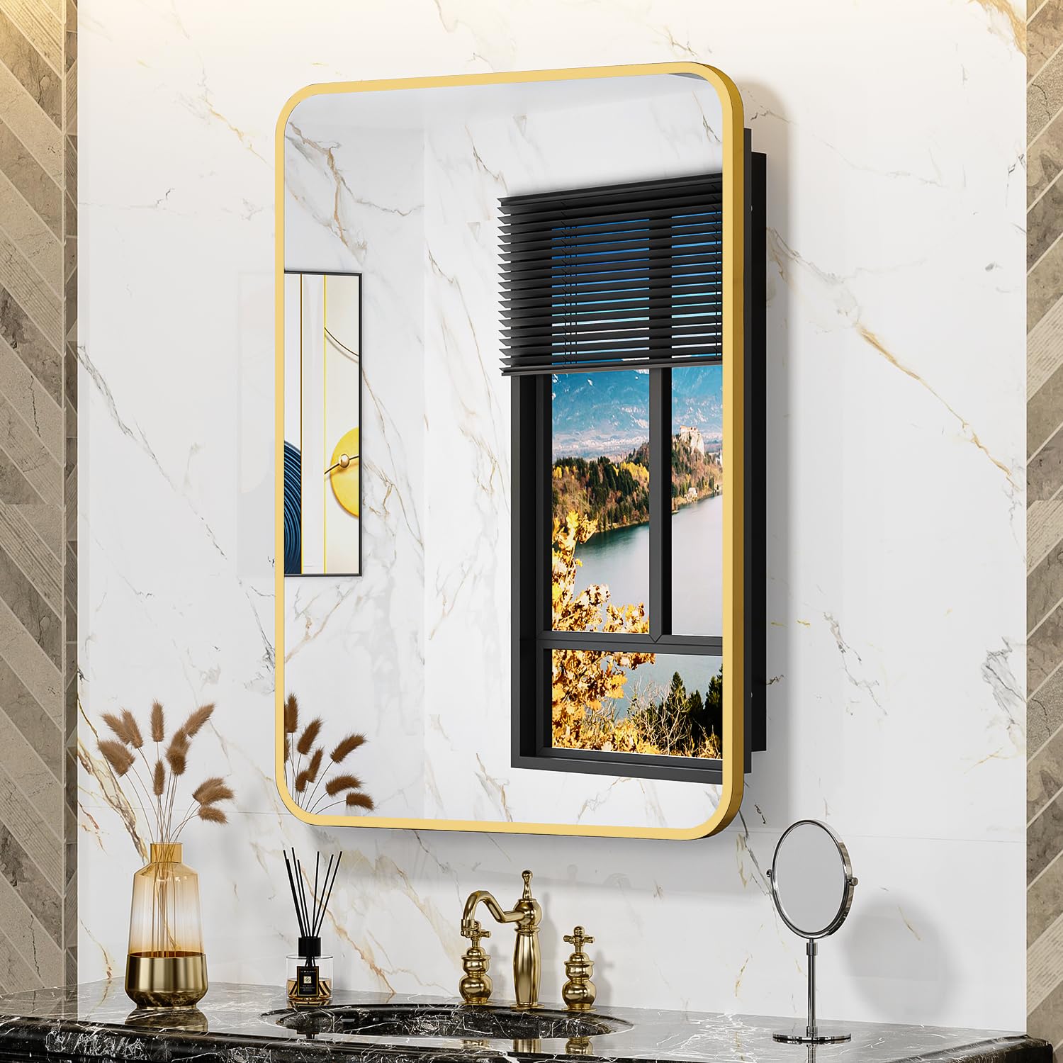 ACEMIRO 20x28 Inch Gold Recessed Medicine Cabinet with Mirror Metal Framed Surface Wall Mounted Bathroom Medicine Cabinet Mirror with Storage