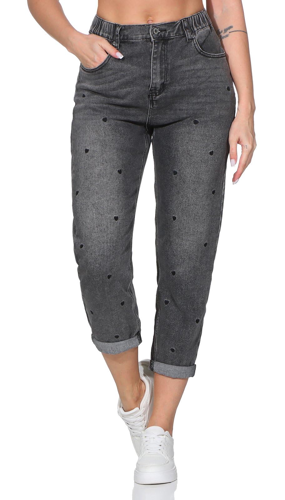 Hailys Damen High Waist Mom Jeans knöchellange Jeanshose mit Herzen Mi44rell Heart VF-2409132-1 Grey Hearts L