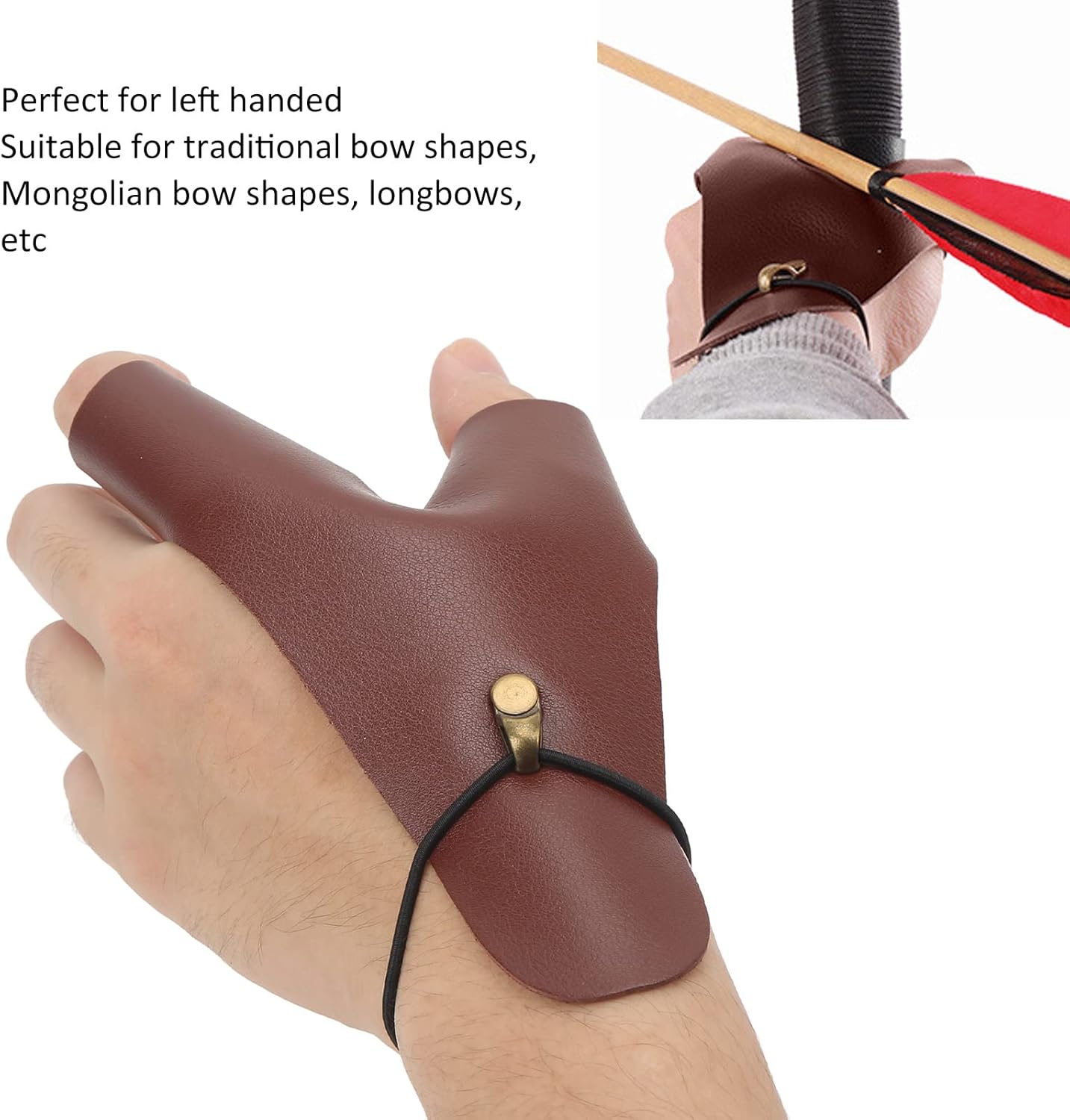 SaditY Archery Hand Guard, Protective Breathable Lightweight 2 Finger Protector PU Leather Non Slip Durable Archery Glove for Left Hand, Traditional Longbow, Mongolian Bow, Archery Accessories, Brown