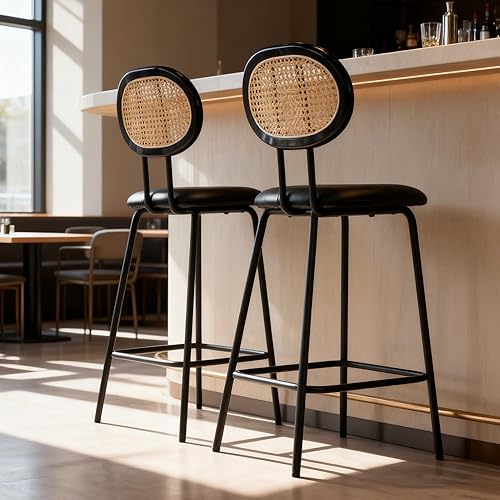 Miniatura 6 de Duhome - Juego de 2 taburetes de bar, sillas de mostrador con respaldo de ratán, taburetes de bar de piel sintética, taburetes de metal modernos