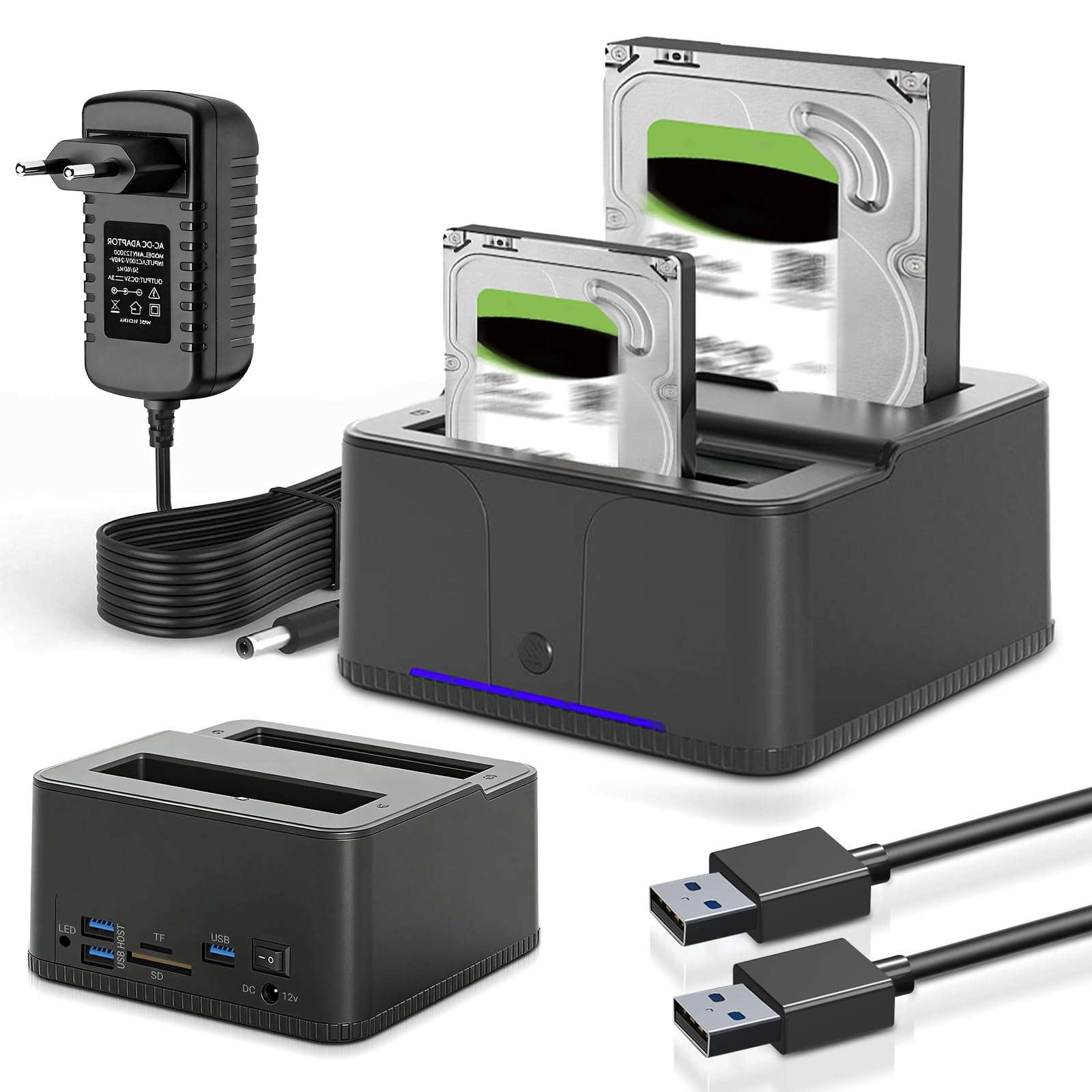 HDD Docking Station, USB3.0 Station d'accueil pour Disque Dur pour 2,5 et 3,5 Pouces SATA HDD/SSD, 32 to avec Lecteur de Cartes SD/TF, Double Baie, Prise en Charge de Clone Hors Ligne,UASP