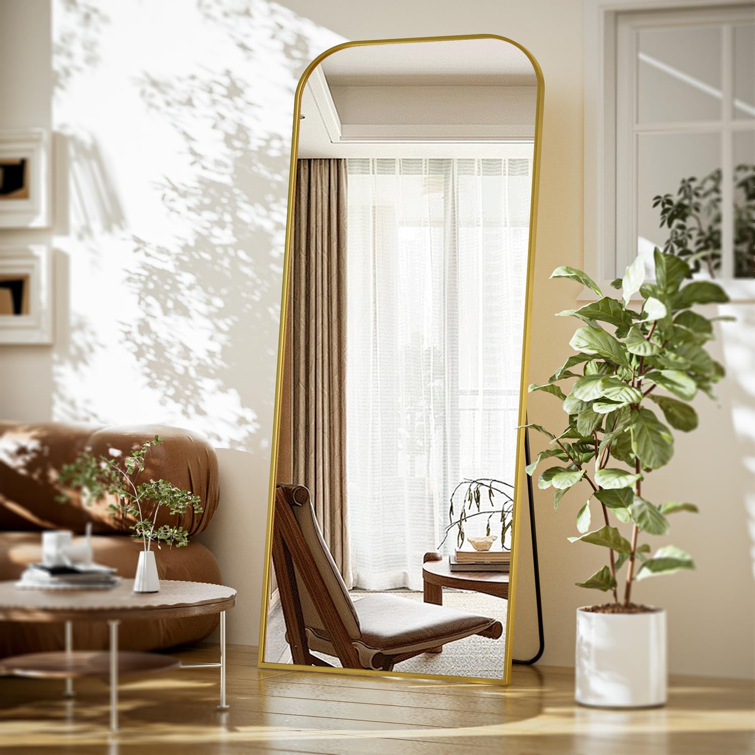 VooBang Złote lustro o długości 66 x 180 cm, zaokrąglone górne narożniki, lustro z podstawką, nowatorskie lustro podłogowe z metalową ramą, do zawieszenia, stania, leżania, złote