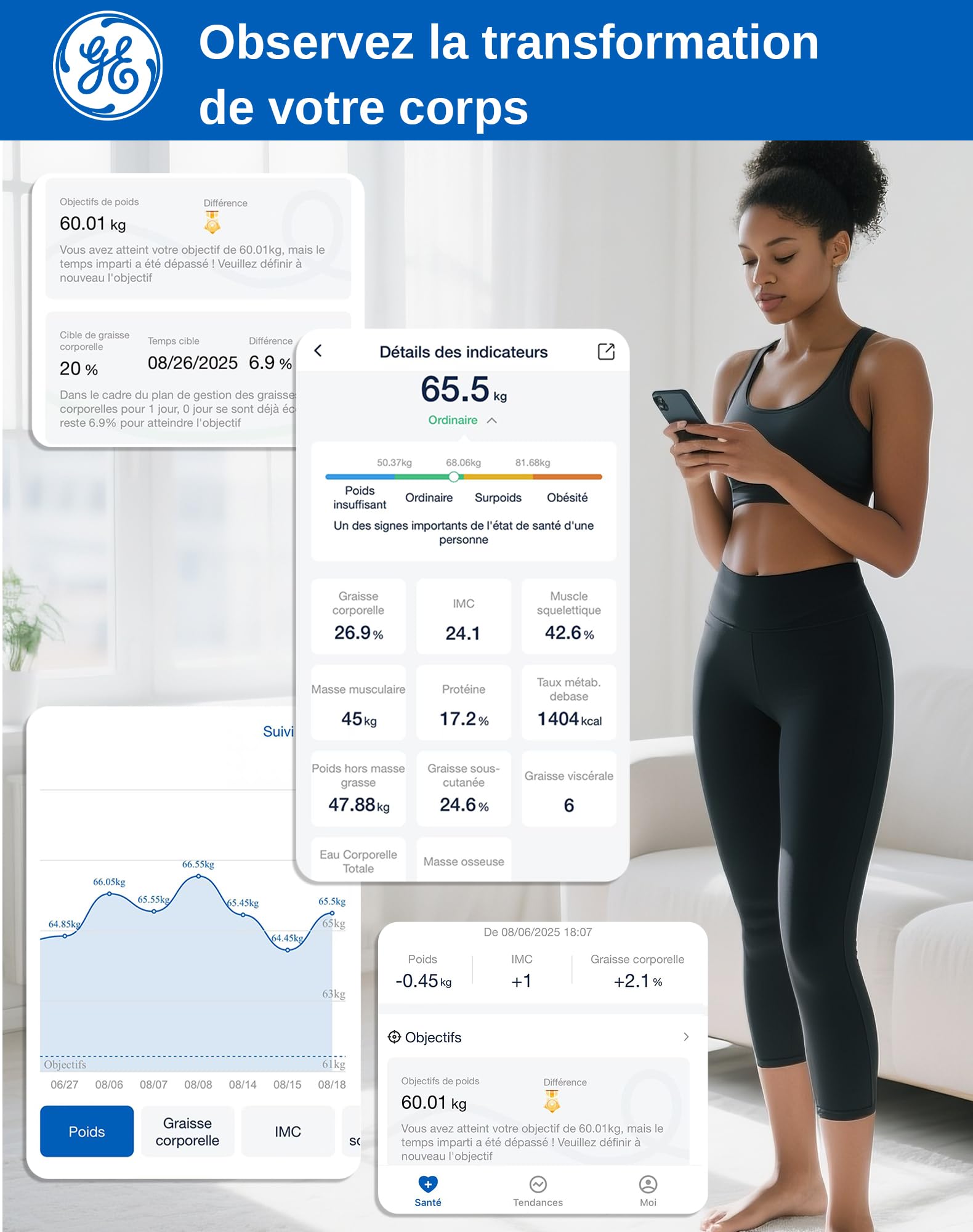 GE Bilancia pesapersone digitale con grasso corporeo BMI, bilancia intelligente per grasso corporeo, 180 kg | Ampio display, alta precisione, bilancia digitale per analisi corporea Bluetooth. ge