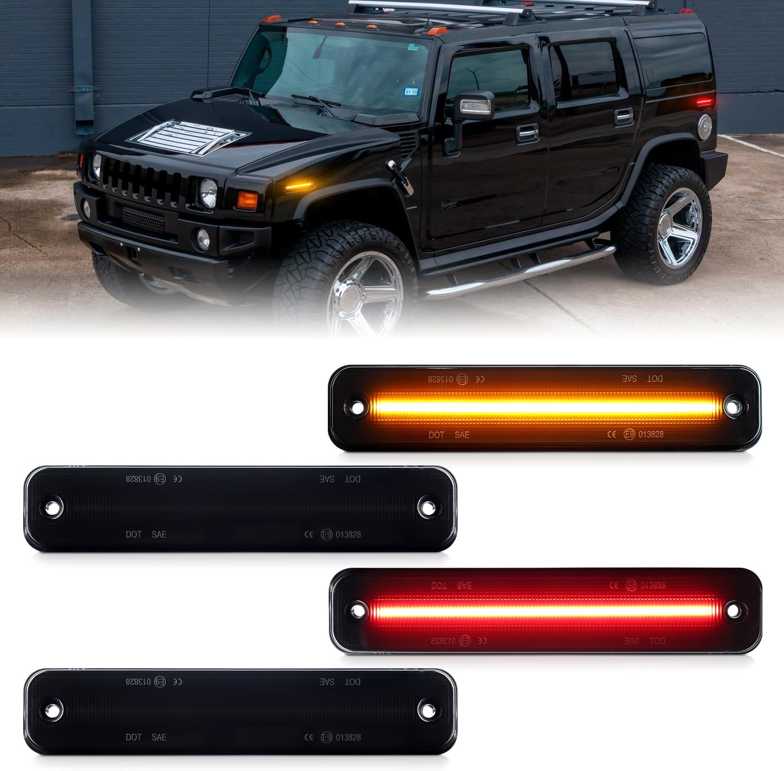LED Side Marker Lights Indicator For 2003-2009 Hummer H2, Smoked Lens Amber Front Rear Red Side Fender Turn Signal Lamps OEM Part Number 25952319