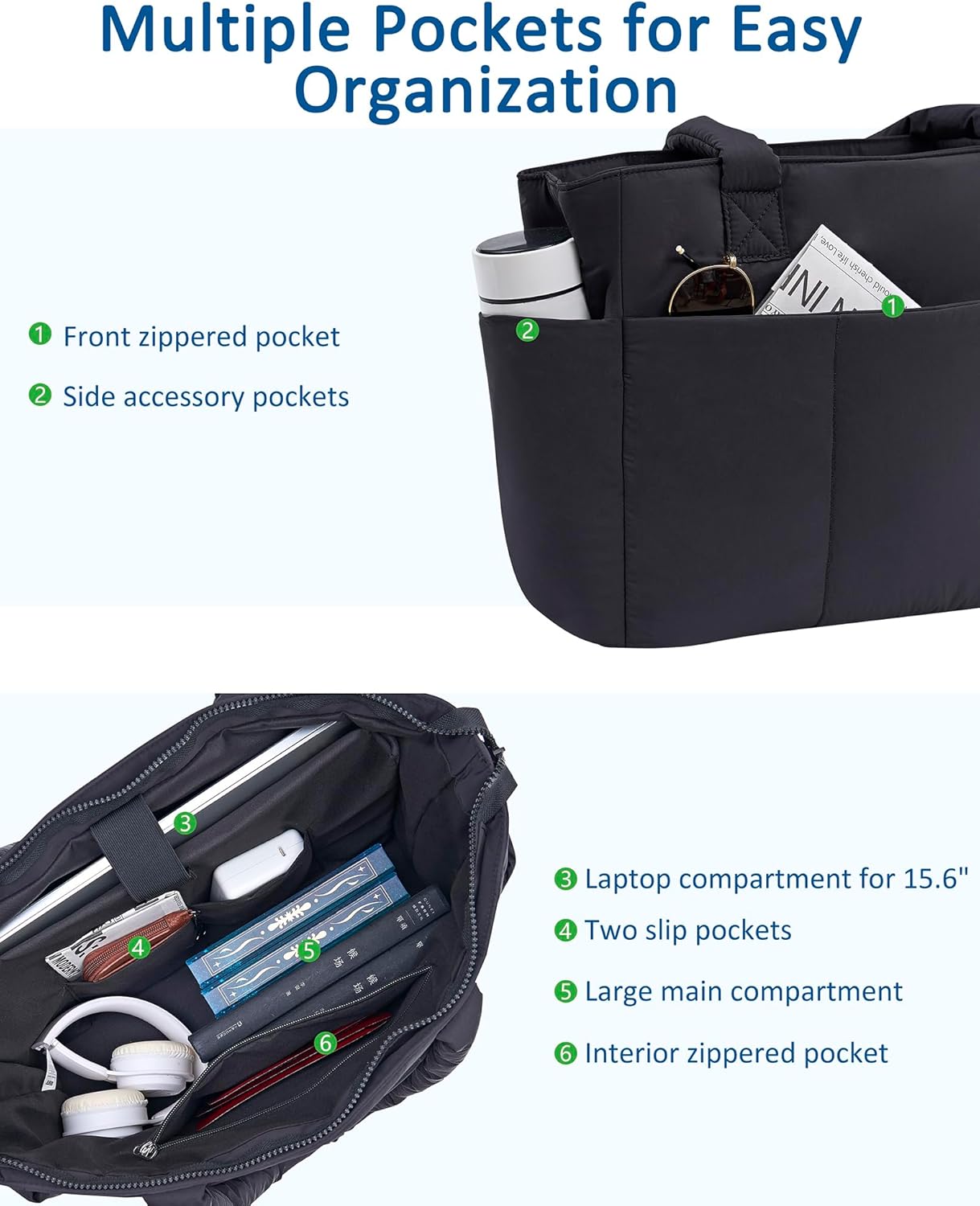 Puffer Tote Bag for Women, Quilted Bag with Zipper, Small Tote HandBags for Work, Travel - Image 4