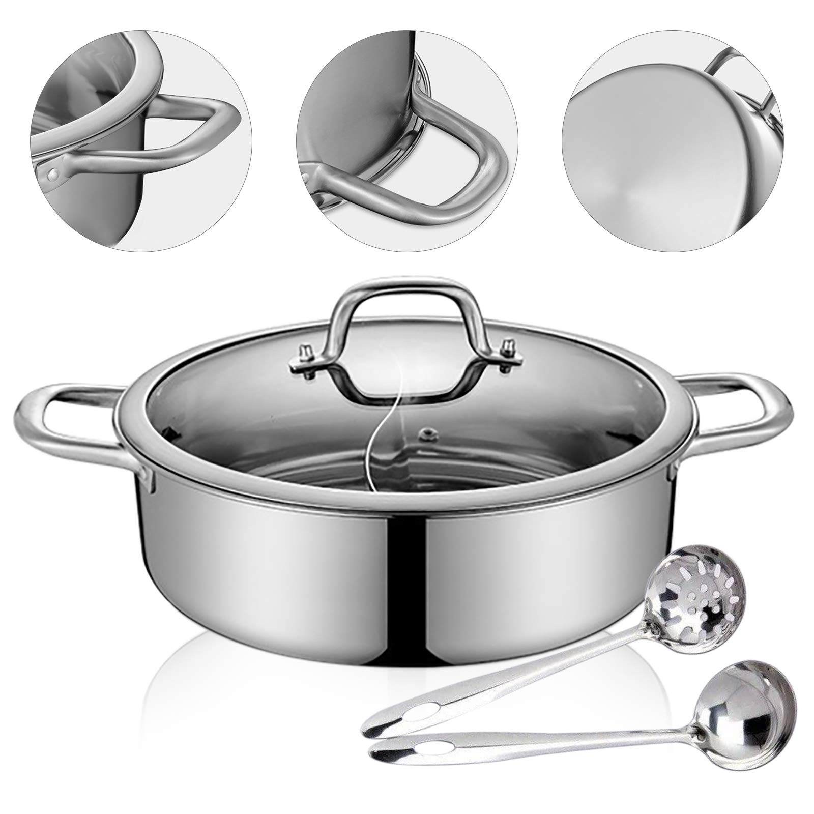 28/32cm Hot Pot Edelstahl Topf mit Glas Deckel Kochwerkzeug Shabu Shabu 2 Kammer