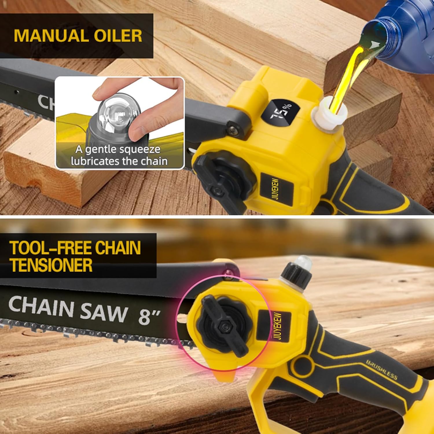 2-in-1 Cordless Pole Saw & Mini Chainsaw - 8in Bar, Brushless Motor, 15FT Max Reach for Tree Trimming, 2×4.0Ah Batteries Included. 180° Adjustable Head, Shoulder Strap