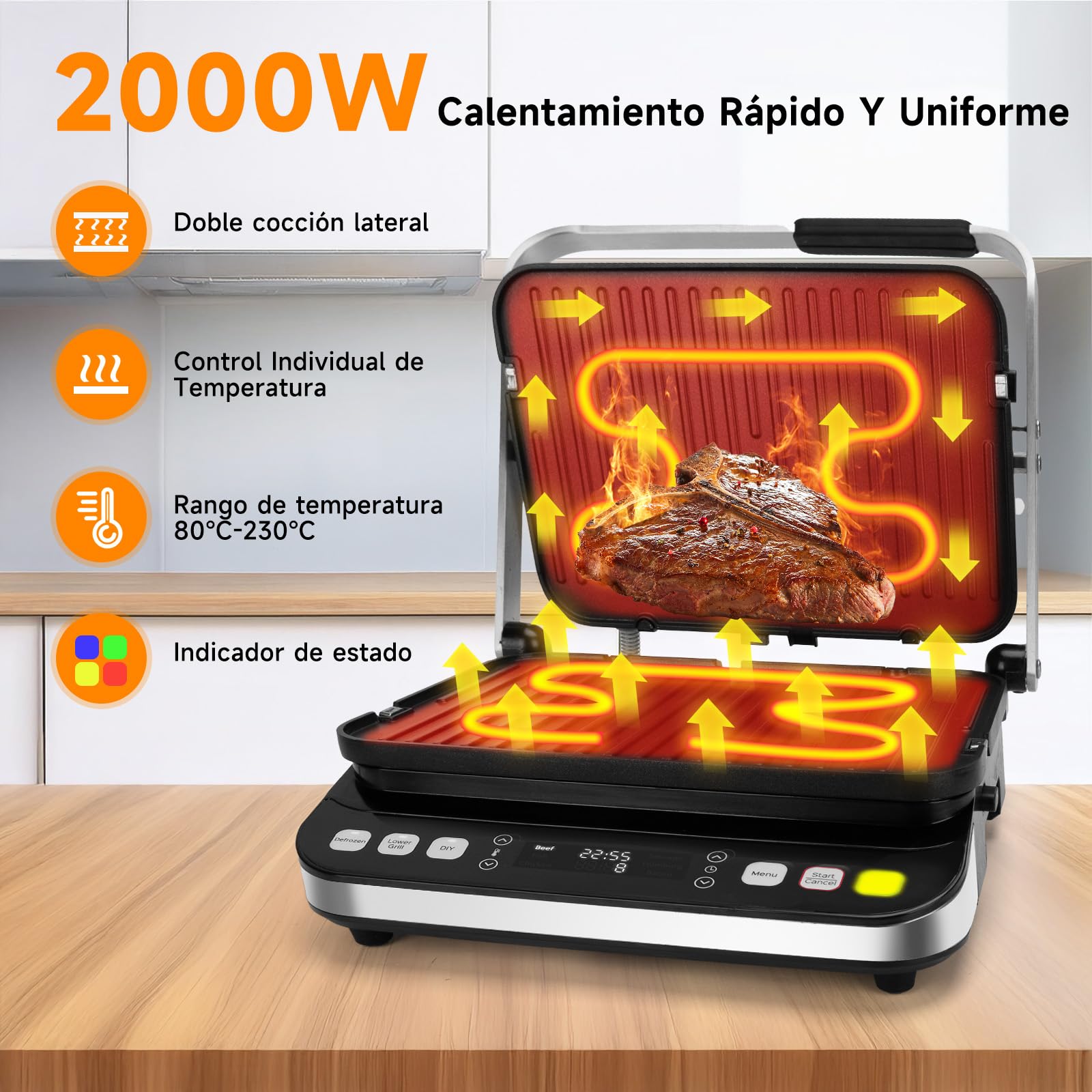 Taylor Swoden Parrilla Eléctrica 9 en 1 2000W, Sandwichera Grill con 3 Modos de Control de Temperatura Independiente, 6 Programas Automáticos y Apertura 180°, Placas Antiadherentes Desmontables