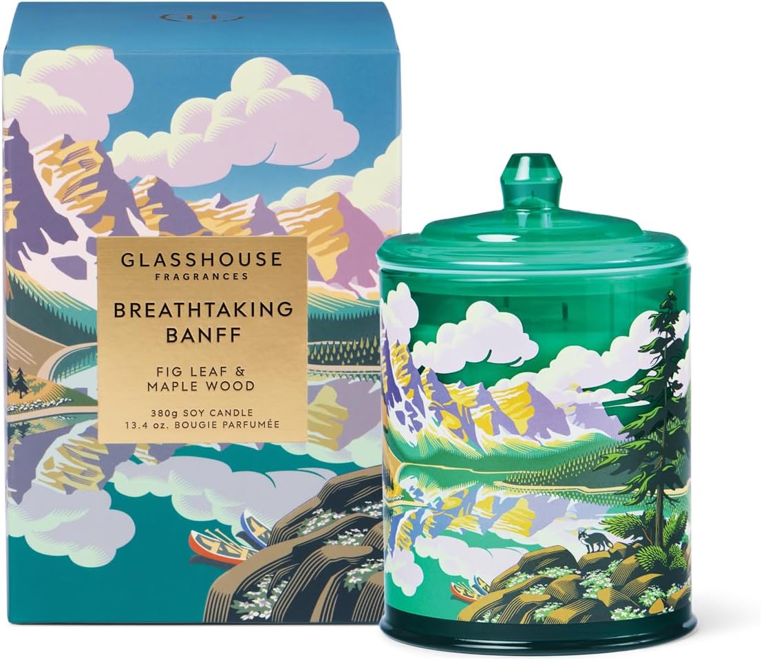 Glasshouse Fragrances, Breathtaking Banff Candle, Triple Scented Natural Soy Wax Blend, 2 Wicks & Glass Jar, 65 Hour Burn Time, Maple Wood & Fig Leaf, 13.4 oz. (380g)