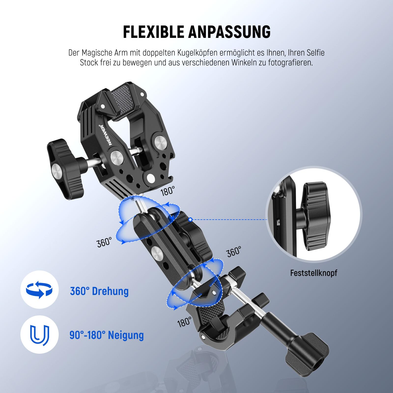 NEEWER Motorrad Kamerahalterung Set, unsichtbarer Selfie Stick für Fahrradlenker, 360°Kugelgelenke, Superklemmen und Reinigungstuch, kompatibel mit GoPro Insta360 DJI AKASO Action Kameras, GP-30