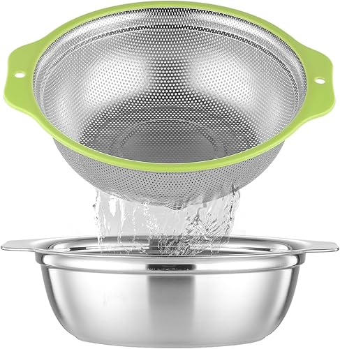 Colador de acero inoxidable microporoso, colador de arroz de 2 cuartos con tazón para mezclar, juego de cuencos para lavadora de arroz con asa,