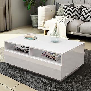 Coffee Table High Gloss Front Rectangle Center Table 4 Drawers Storage & 2 Open Shelves Wooden Modern Living Room Furniture White 90cm Length