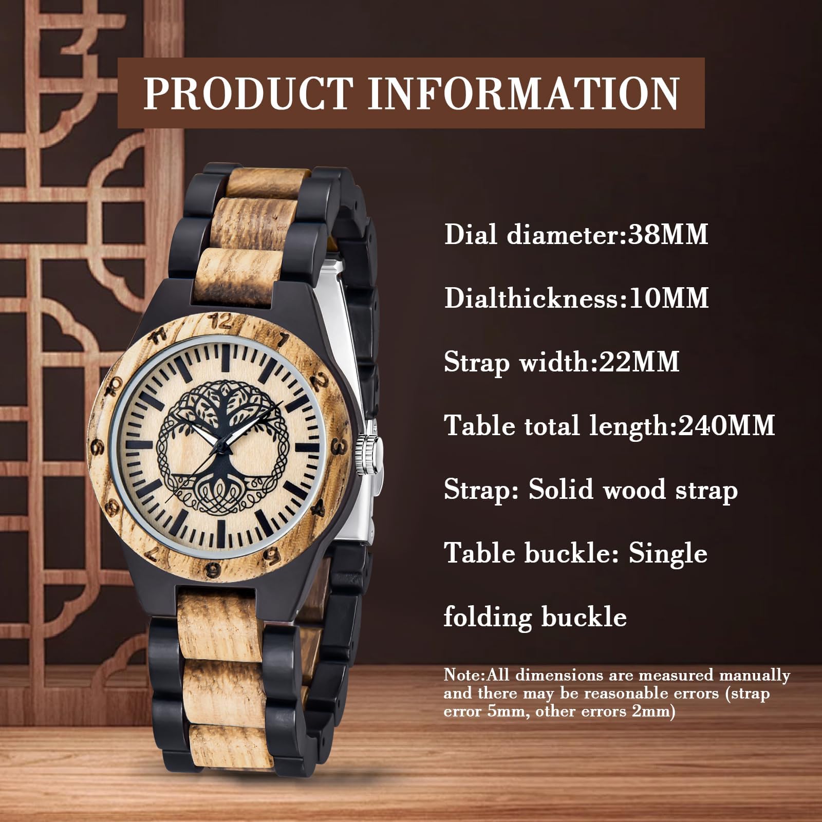 Tiong Damen Holzuhr Bunte Bambus Holzuhren Analoge Quarz Damenuhren für Frauen Verstellbar Holz Leichte Armbanduhr