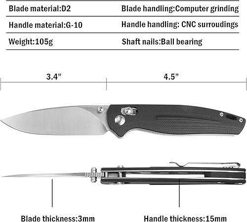 Miniatura 3 de RPG - Cuchillo de bolsillo rápido, cuchillo plegable de hoja de acero D2 con bloqueo de eje de 3.5 pulgadas, cuchillo G10 EDC con mango G10,