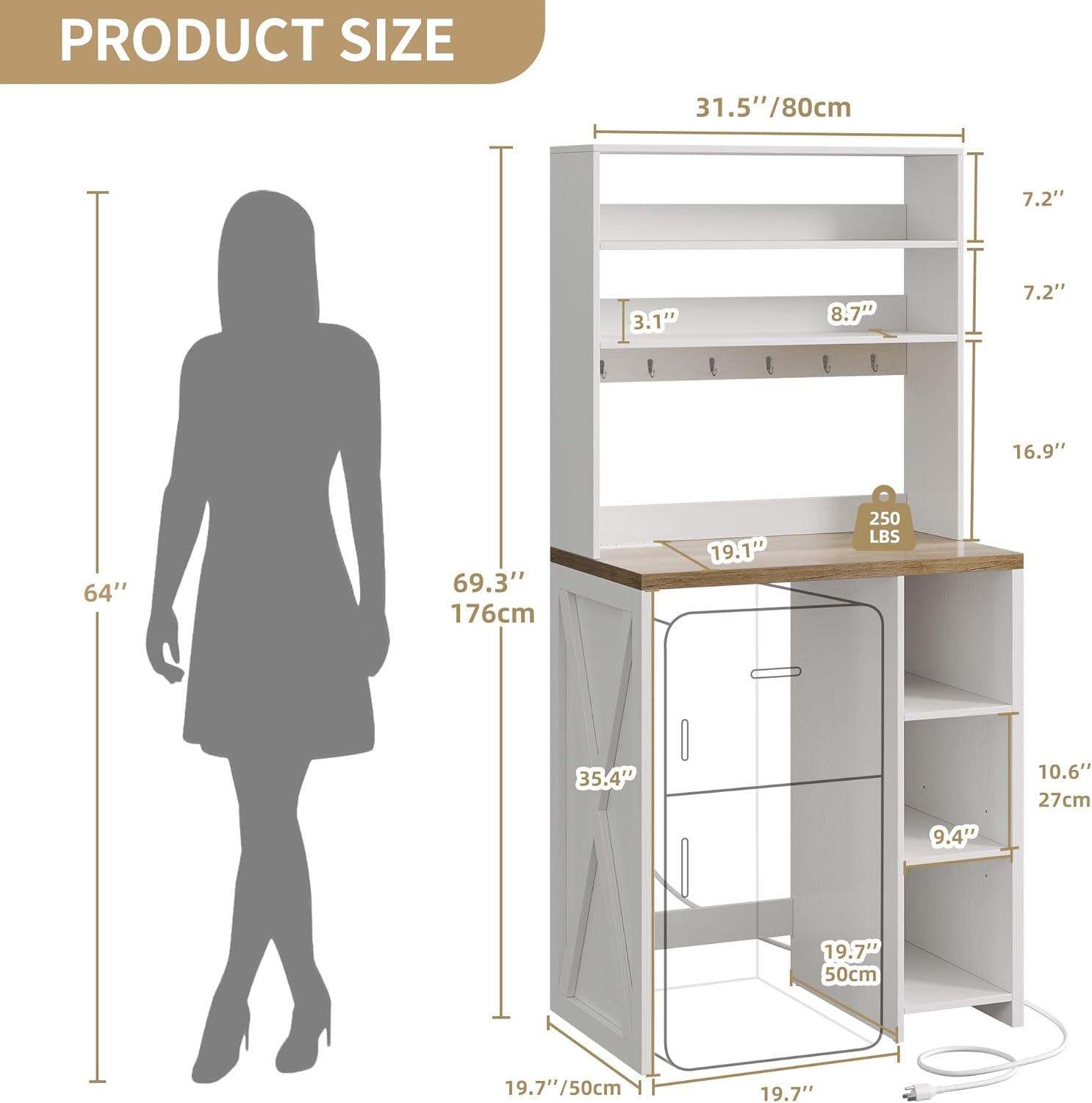 YITAHOME Mini Fridge Cabinet White Mini Fridge Stand with Storage Freestadning Bakers Rack with Power Outlet 6-Tier Mini Fridge Shelf for Kitchen Dining Room Living Room Dorm Office