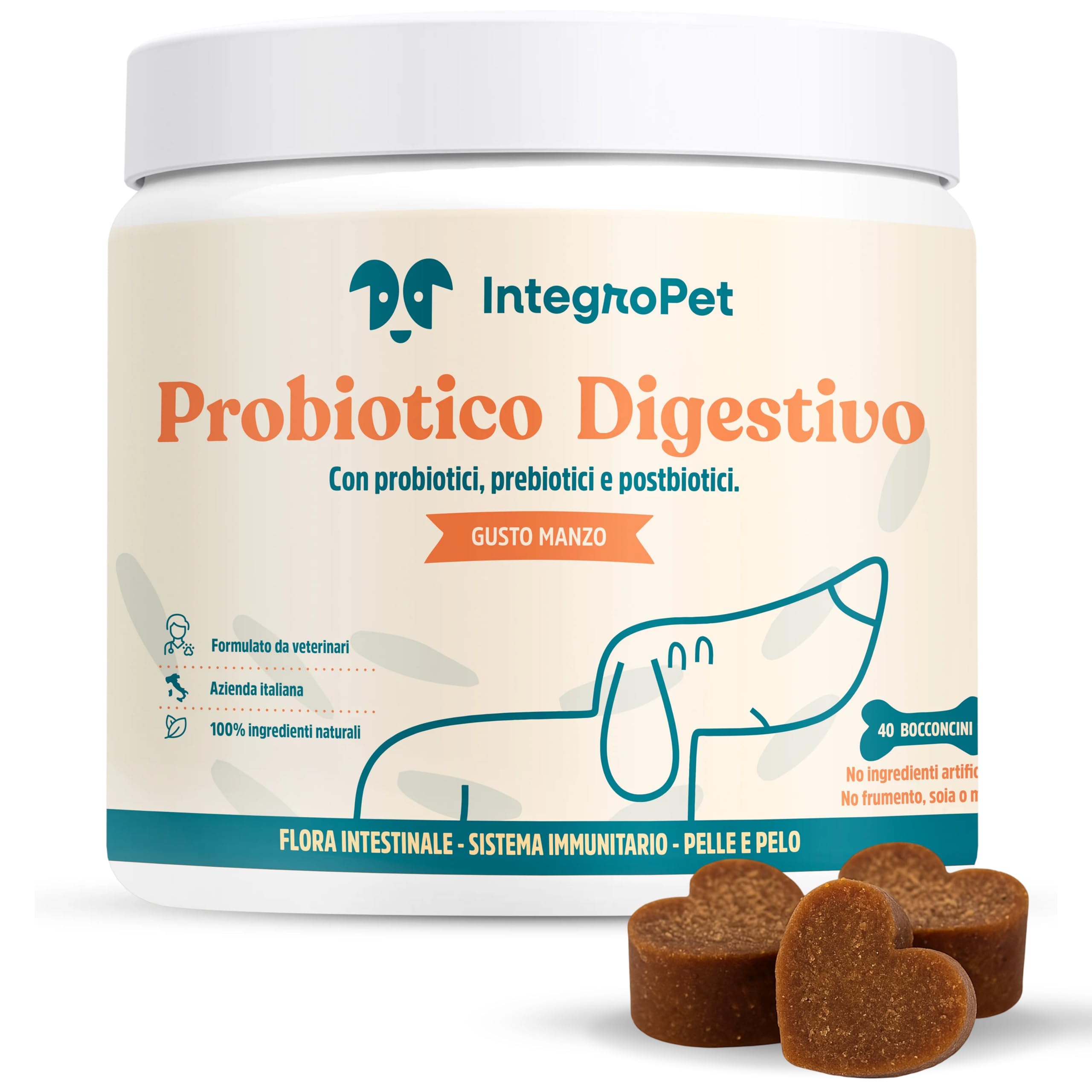Probiotico per Cani Gusto Manzo - Integratori Probiotici per Cani per Intestino, Prurito e Sistema Immunitario (40 Bocconcini)