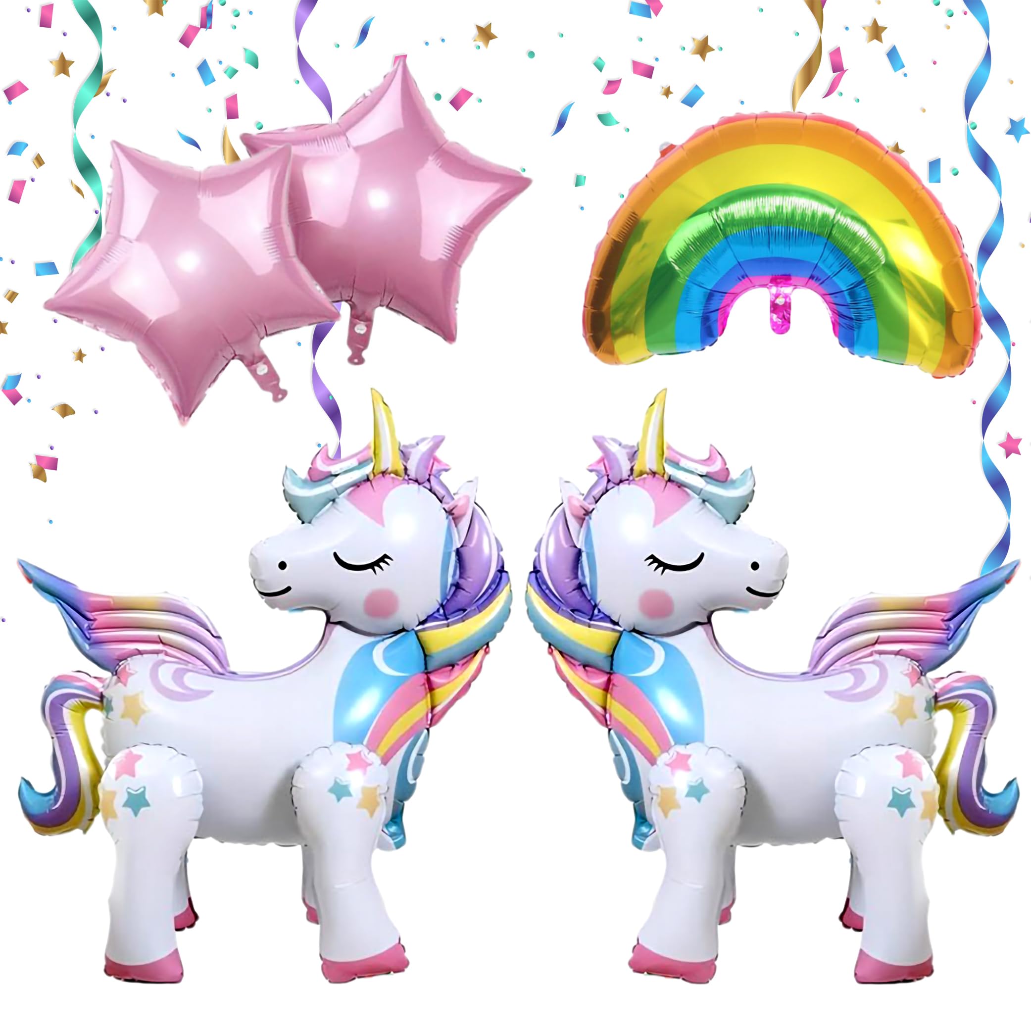 5 Pcs 3D Self-Standing Unicorn Balloons Set - Rainbow and Star Foil Balloons for Unicorn Balloons Party Birthday Supplies Decoration for Children