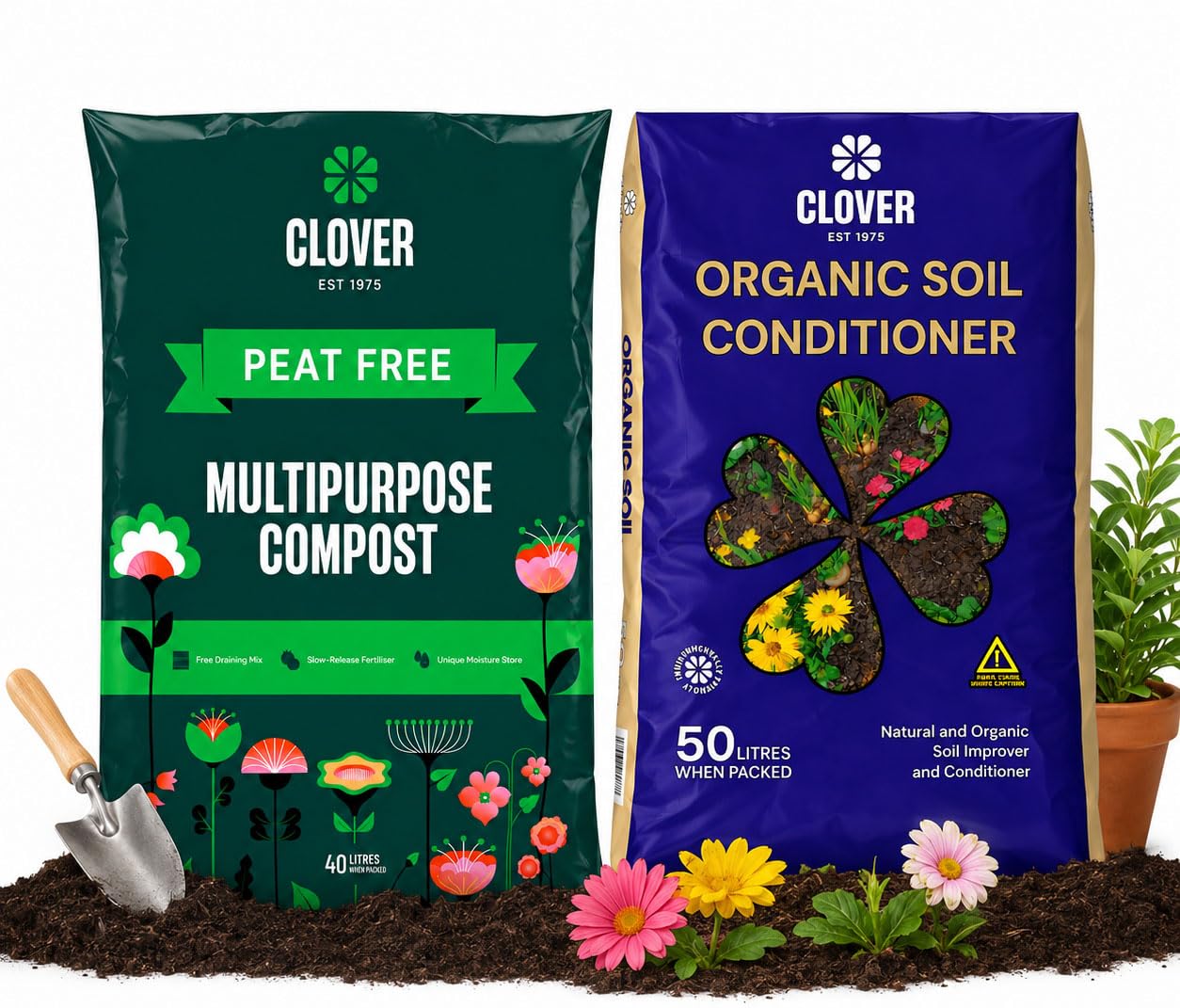 Clover Peat Free Multipurpose Compost & Organic Soil Conditioner Bundle, 40L + 50L, for Flowers, Vegetables, Pots & Beds