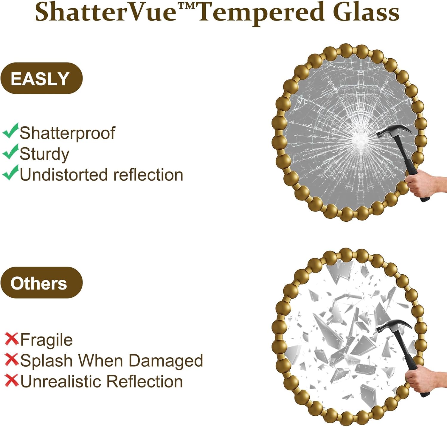 Easly Round Mirror for Wall, 32 Inch Gold Beaded Frame Decorative Vanity Mirror, Circle Bathroom Mirror with High-Definition Lense, Modern Wall Decor for Bathroom, Living Room, Bedroom, Entryway