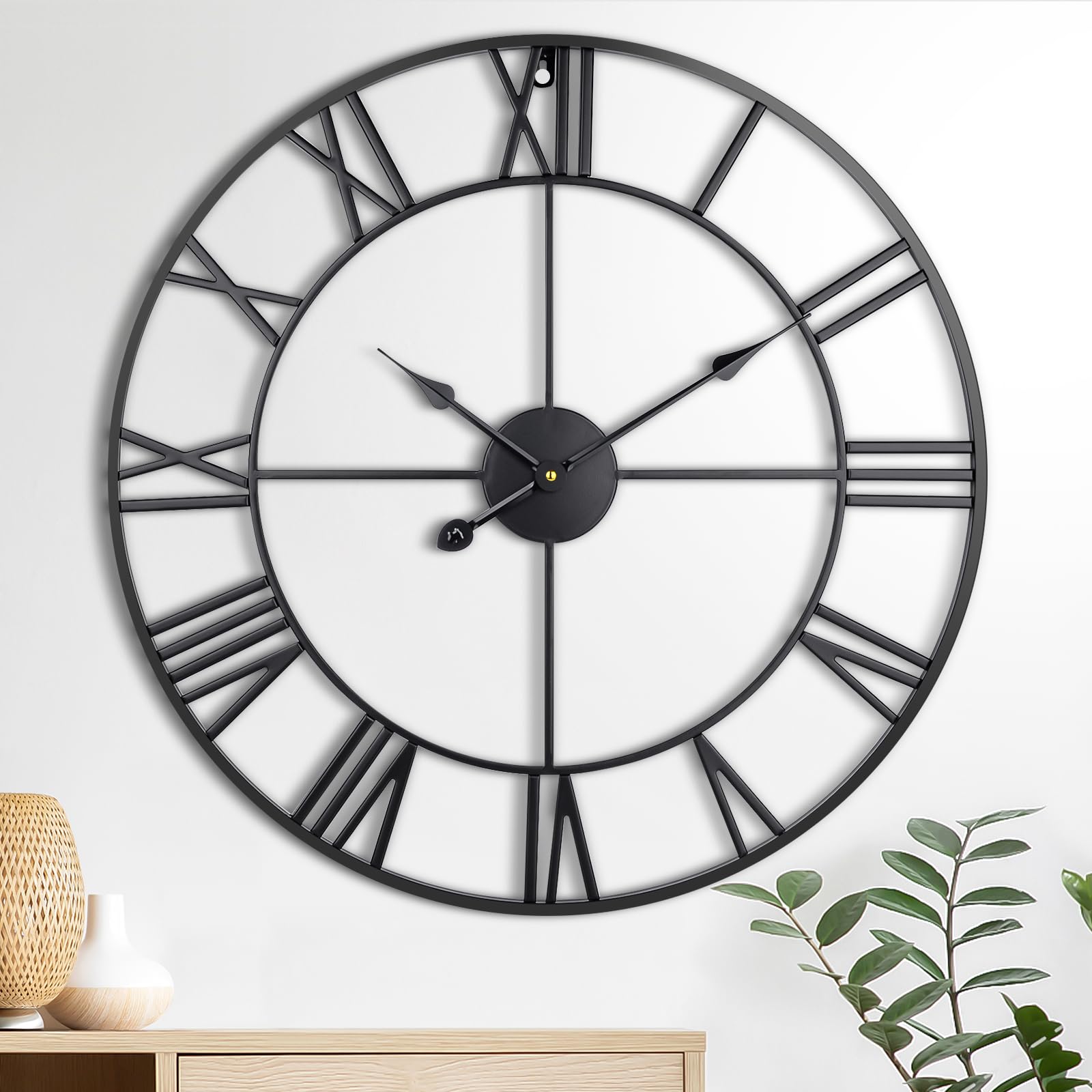 large wall clock, 24-inch(60cm) roman numeral decorative art wall clock,completely silent, non ticking, battery-operated metal wall clock for living room, bedroom and kitchen (carbon black)