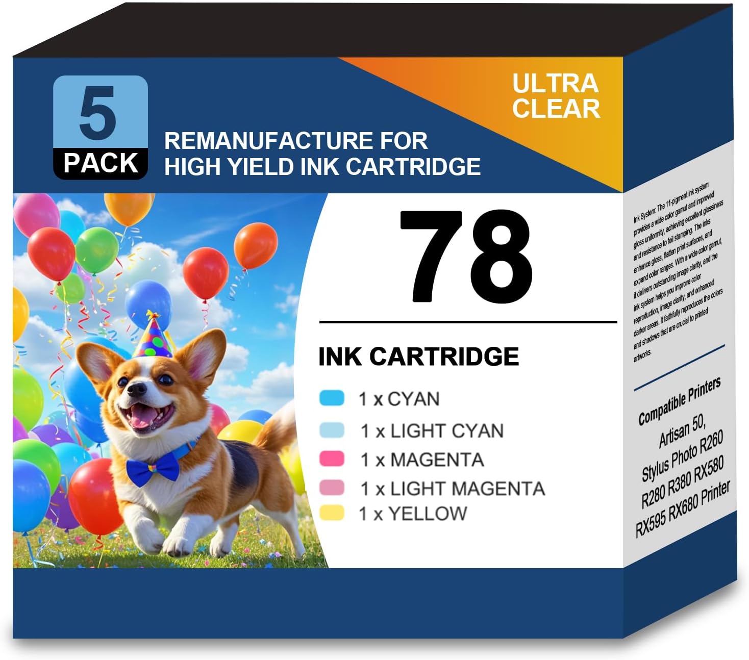 Remanufactured 78 Ink Cartridges C/M/Y/LC/LM Combo 5 Pack High Capacity Replacement for 78 Ink for Artisan 50,Stylus Photo R260 R280 R380 RX580 RX595 RX680 Printer