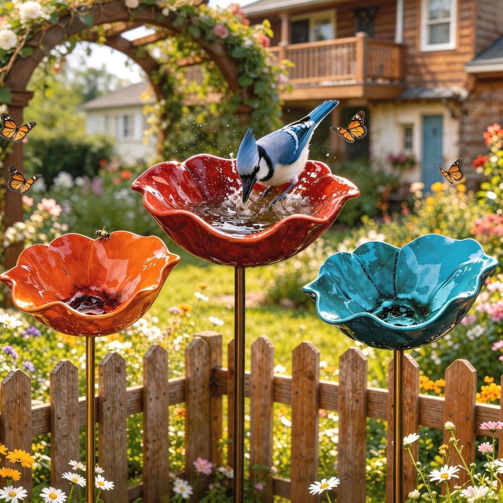 DASIAUTOEM 3 pcs Vogeltränke Blume,Gartenstecker Vogeltränke,Bienentränke, Stehend Winterfest, Gartenstecker Metall,Futterschale,für Rasen,Garden