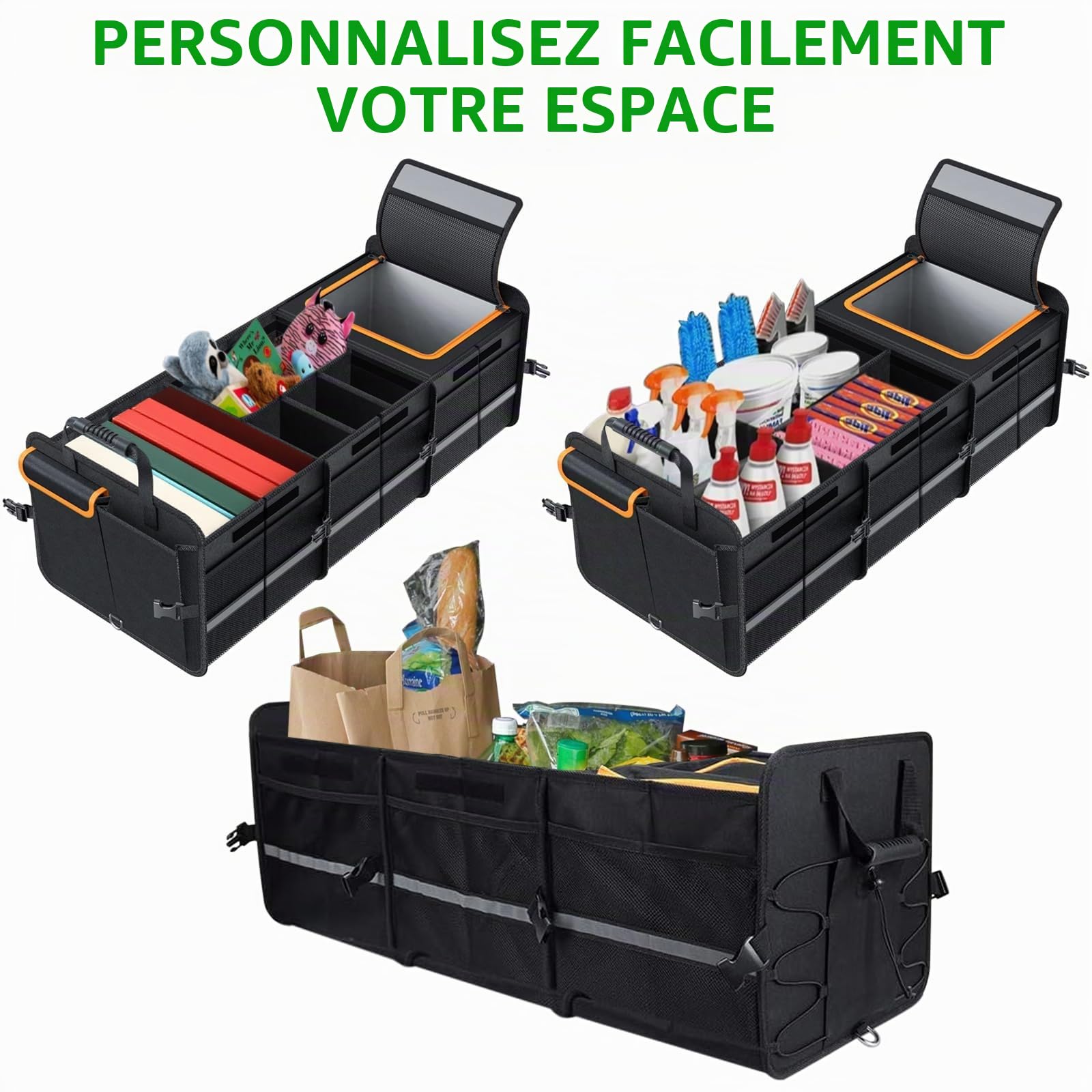 Organiseur de coffre de voiture avec sac isotherme, pliable, avec plusieurs compartiments, organiseur de coffre de voiture, housse pliable, sangles de sécurité réglables