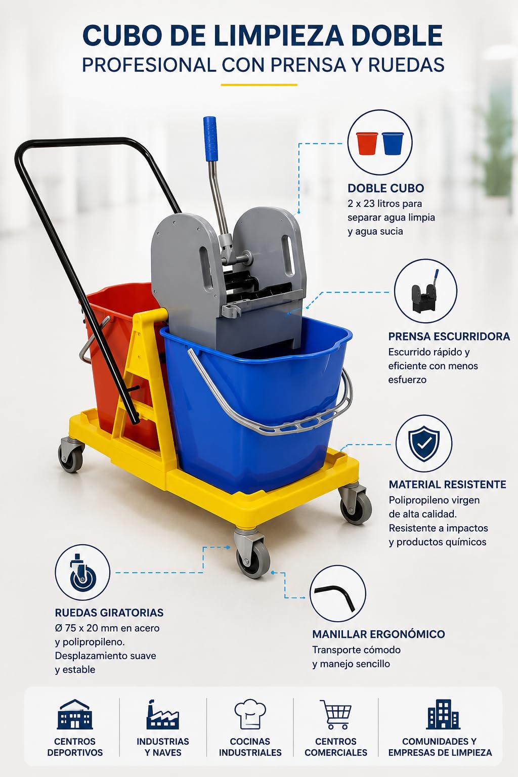 Cubo de Limpieza Doble Morg con Prensa y Ruedas 46L (2x23L), Carro de Limpieza Profesional con Manillar, Cubos Separados y Estructura en Polipropileno Amarillo
