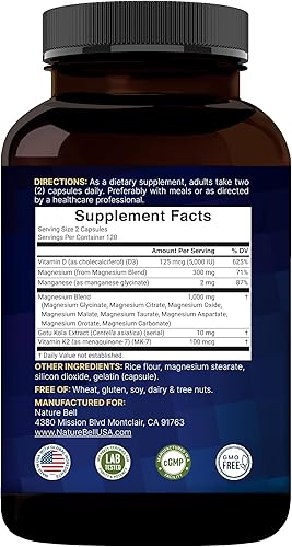 Miniatura 7 de NatureBell Complejo 12 en 1 de magnesio 1,000 mg, 240 cápsulas  Suplemento de magnesio con glicinato, citrato, taurato, más vitamina D3 K2,