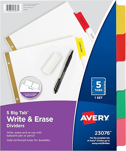 AVERY Separadores Big Tab para escribir y borrar, 5 pestañas multicolor, 1 juego (23076), 1 paquete