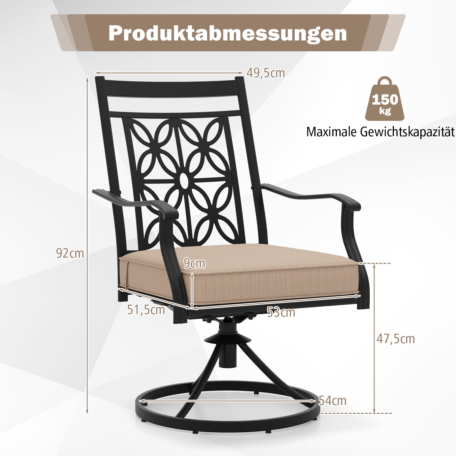 GOPLUS 2er Set Gartenstuhl 360 Grad drehbar, Balkonstuhl Terassenstuhl aus Metall bis 150kg, Drehstuhl Outdoor mit Rückenlehne & Armlehnen für Garten Hof Balkon (Braun)