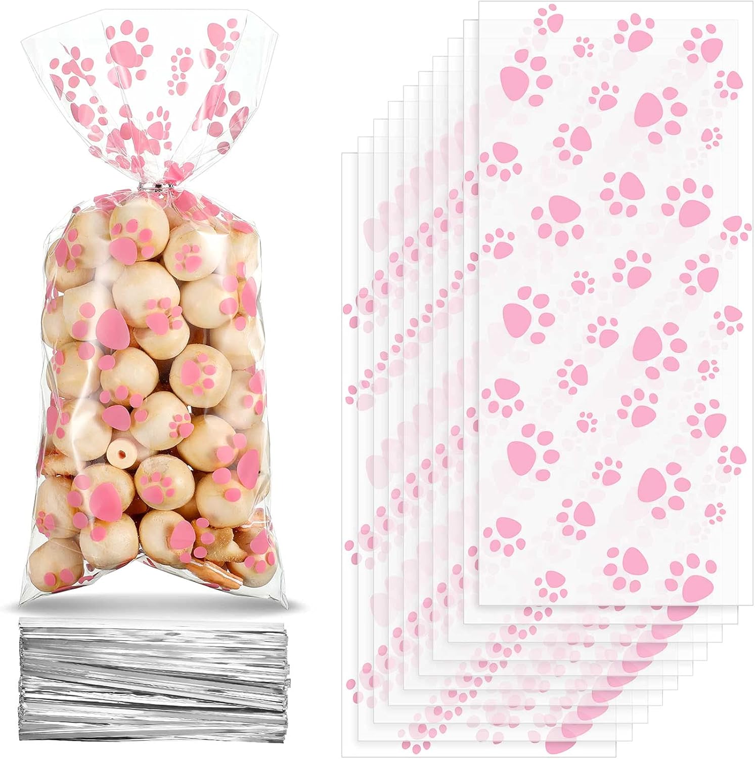 Blulu 100 Pink Paw Print Cellophane Treat Bags with Twist Ties - Heat Sealable Dog Puppy Party Favors Candy Bags
