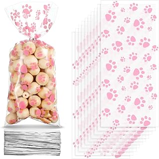 Blulu 100 Pink Paw Print Cellophane Treat Bags with Twist Ties - Heat Sealable Dog Puppy Party Favors Candy Bags