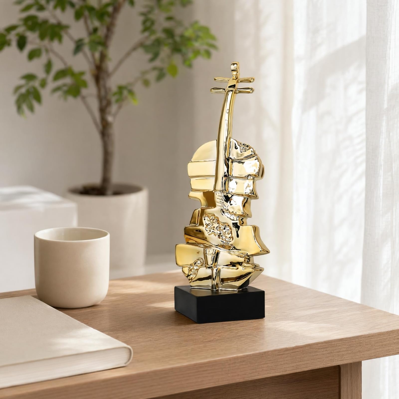 Colcolo Figurilla Violín con Acabado Dorado Brillante y Base Rectangular Negra para coración Escritorio Estante y Oficina Acuado para Regalo coración l Hogar