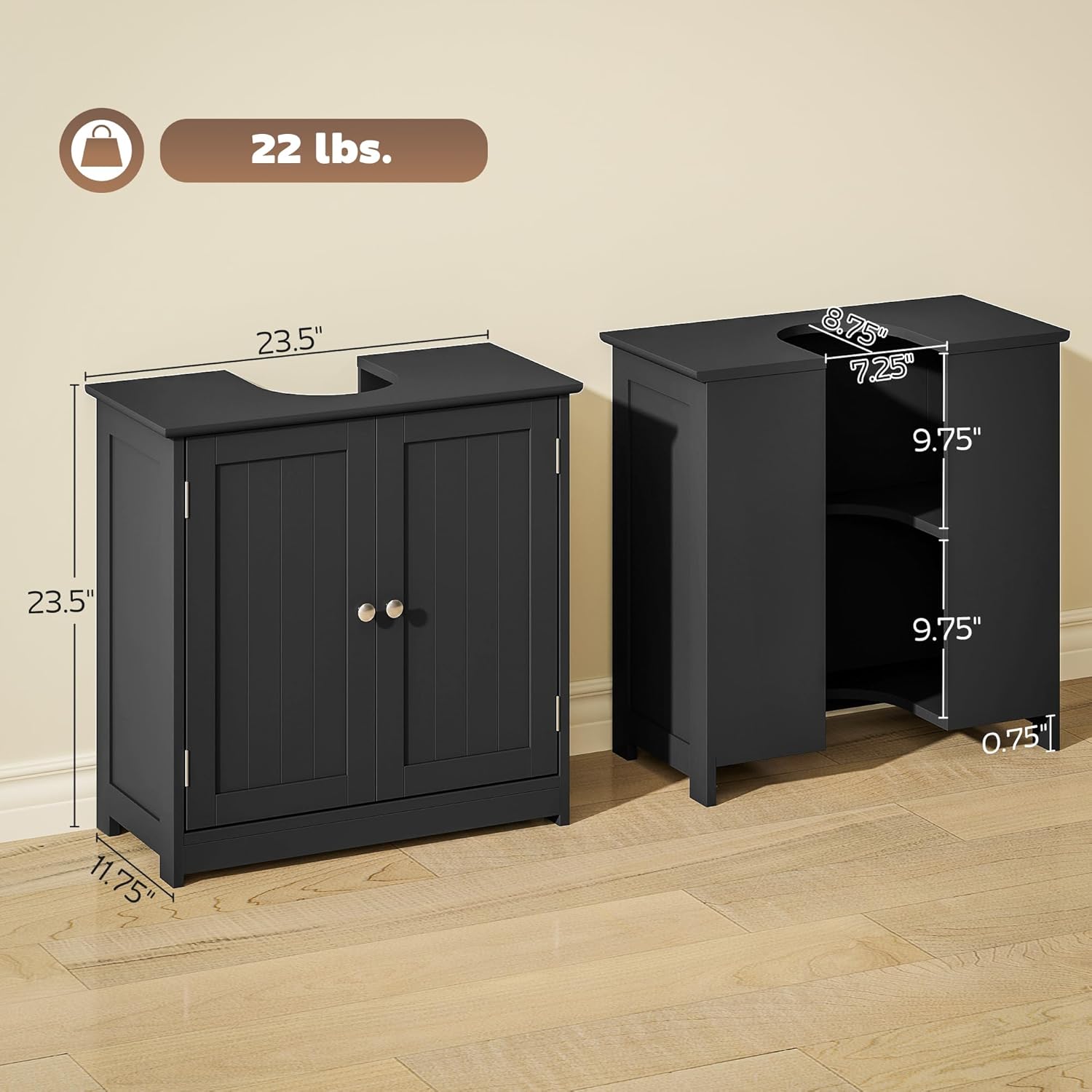 kleankin 23.5" Pedestal Sink Storage Cabinet, Freestanding Bathroom Under Sink Cabinet with U-Shape Cut-Out and Adjustable Shelf, Black