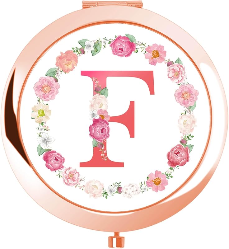 Espelho compacto floral personalizado jekiinova com inicial F, moldura dourada
