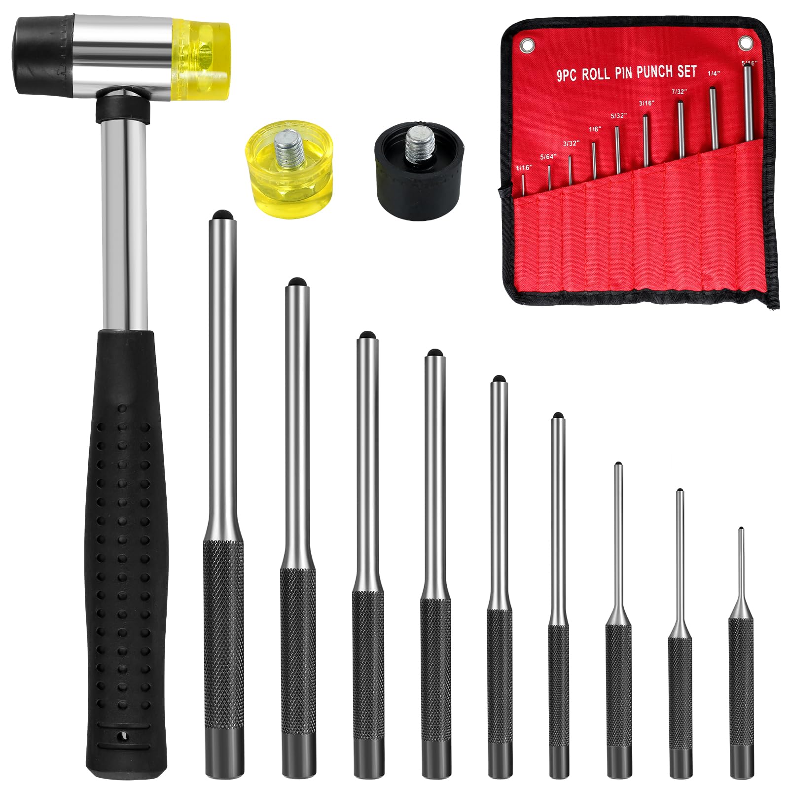 9Pcs Roll Pin Punch Set Multi-Size Steel Pin Punch Kit with Hammer and Storage Pouch Portable Roll Pin Punch Repair Tool Multifunctional Knurled Roll Pin Punch Tool for Repair Watch ?