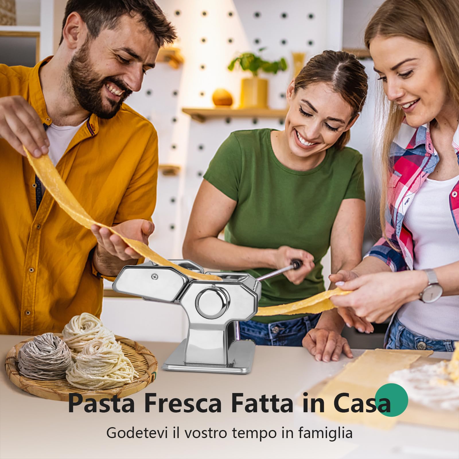 Macchina per la Pasta Manuale, Pasta Maker in Acciaio Inox con 7 Spessore Regolabili, Macchina per Pasta Fresca a Doppia Larghezza per Pasta, Spaghetti, Fettuccine, Lasagne