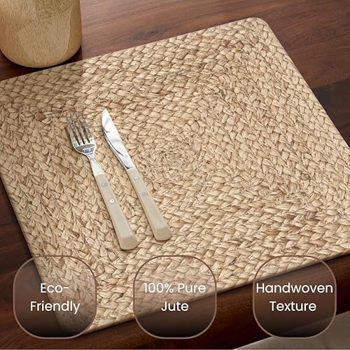 Miniatura 2 de Juego de 4 manteles individuales trenzados de yute hechos a mano, 100% yute tejido a mano, rústico, vintage, de 14 x 14 pulgadas, cuadrados,