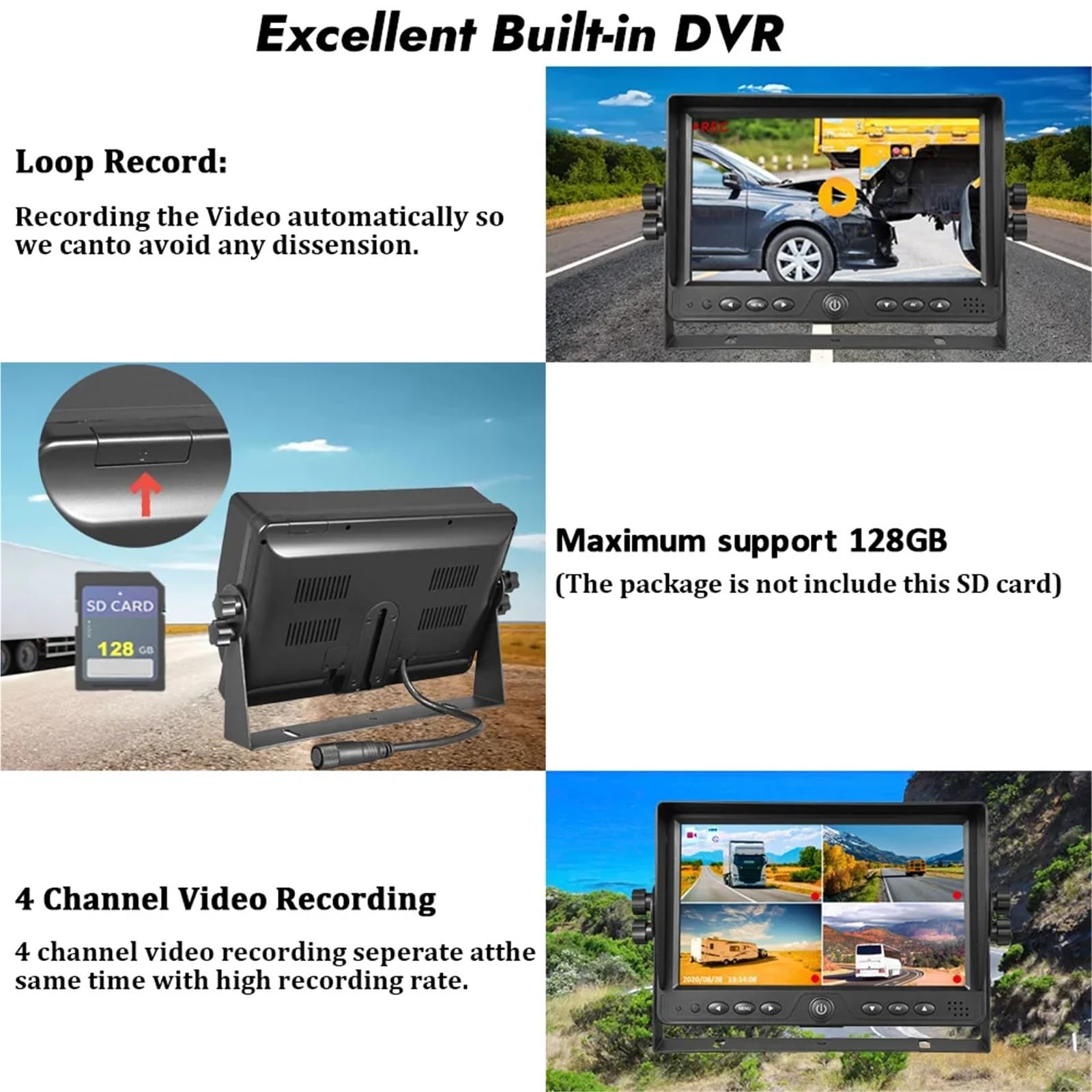 1080P 9" Quad Split Screen Monitor Built-in Recorder for Truck Trailer Bus 4CH Camera ​Input 360 Surround View Syste(Dual View Monitor)
