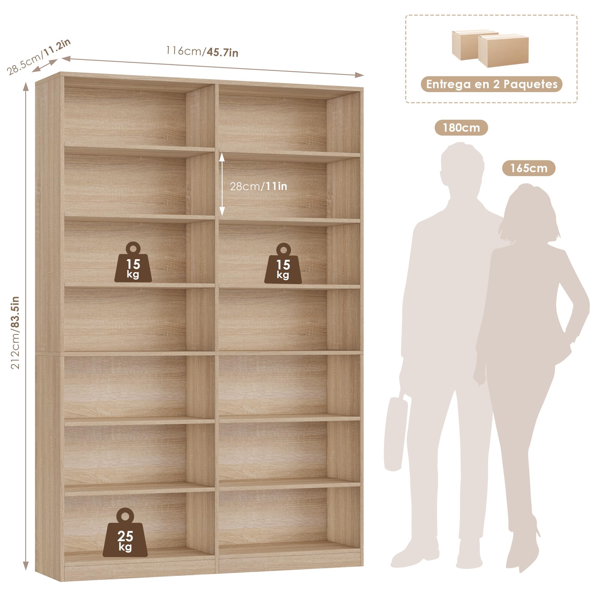 FirFurd Estantería Libros, Estantería Grande, Librería Salón, 14 Estantes | Estanterías Almacenaje Madera Alta, Libreria Estanteria para Salón Oficina Estudio 116x28.5x212cm