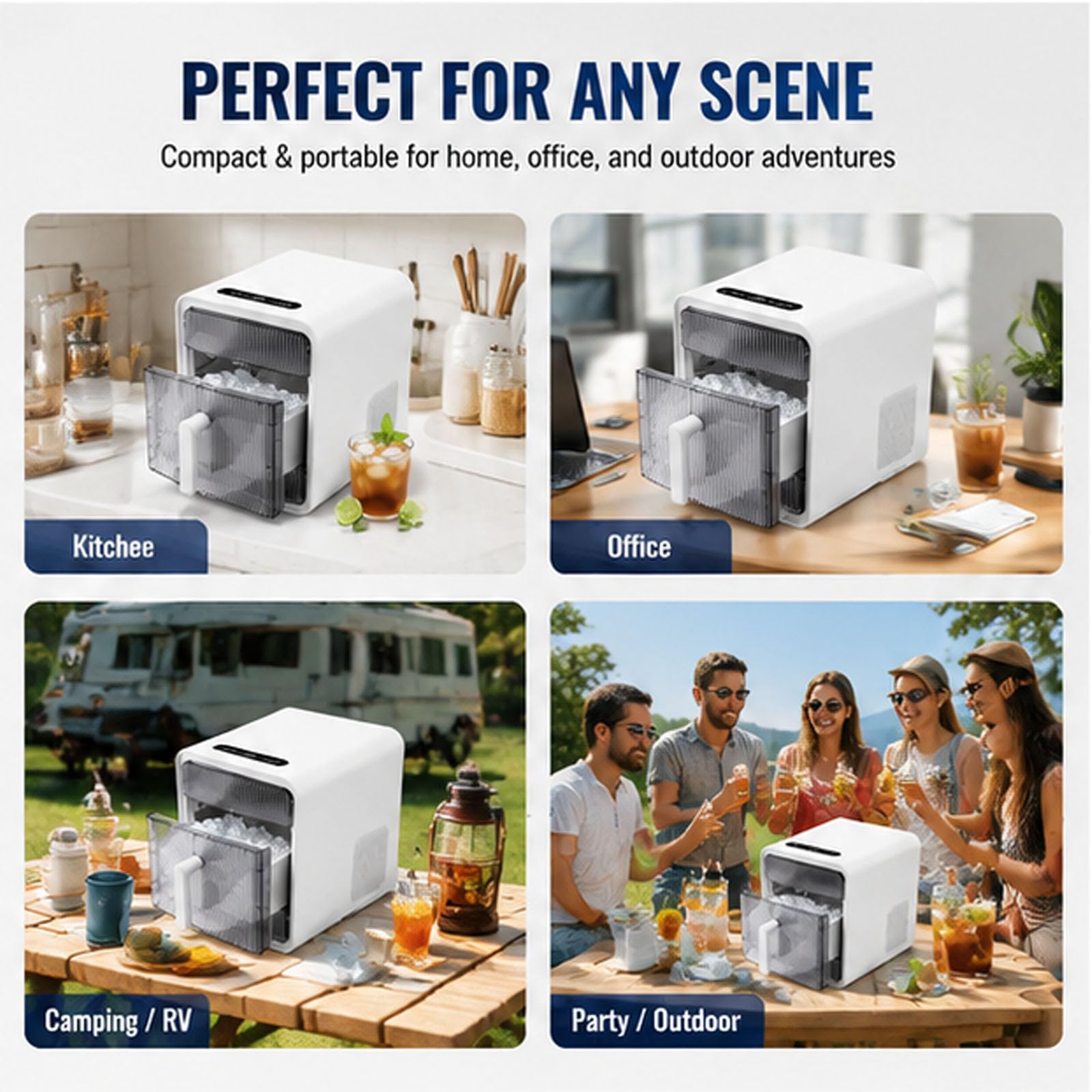 Fabricador de hielo de encimera con cuchara, máquina de hielo portátil de 1.5L, 12 cubos de hielo en 10 minutos, 28LBS/24H, autolimpieza, para hogar, cocina, RV, camping, fiesta