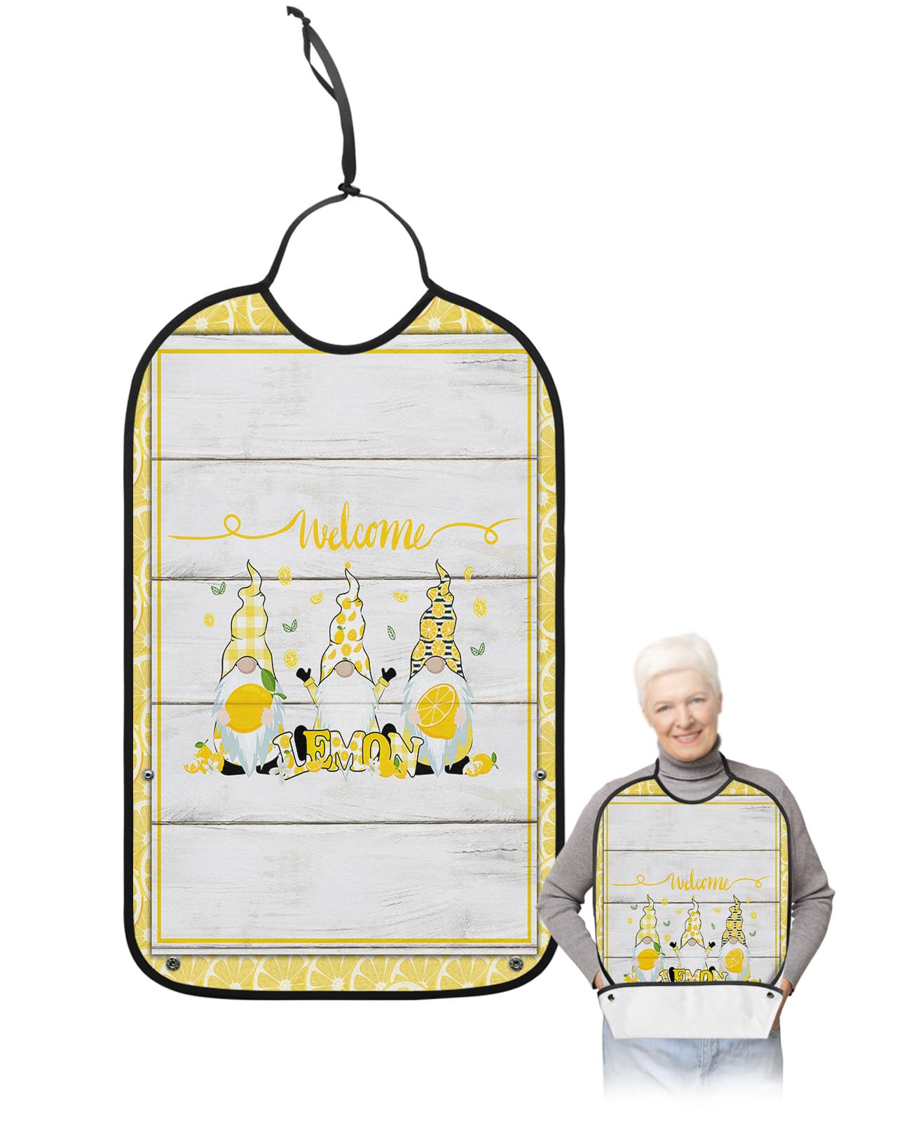 LEOKOTI Summer Lemon Gnomes Adult Bibs for Eating, Waterproof Bibs with Food Catcher & Adjustable Snap Closure, Farmhouse Yellow Lace Wood Washable Clothing Protectors Adult Bibs for Elderly Women/Men