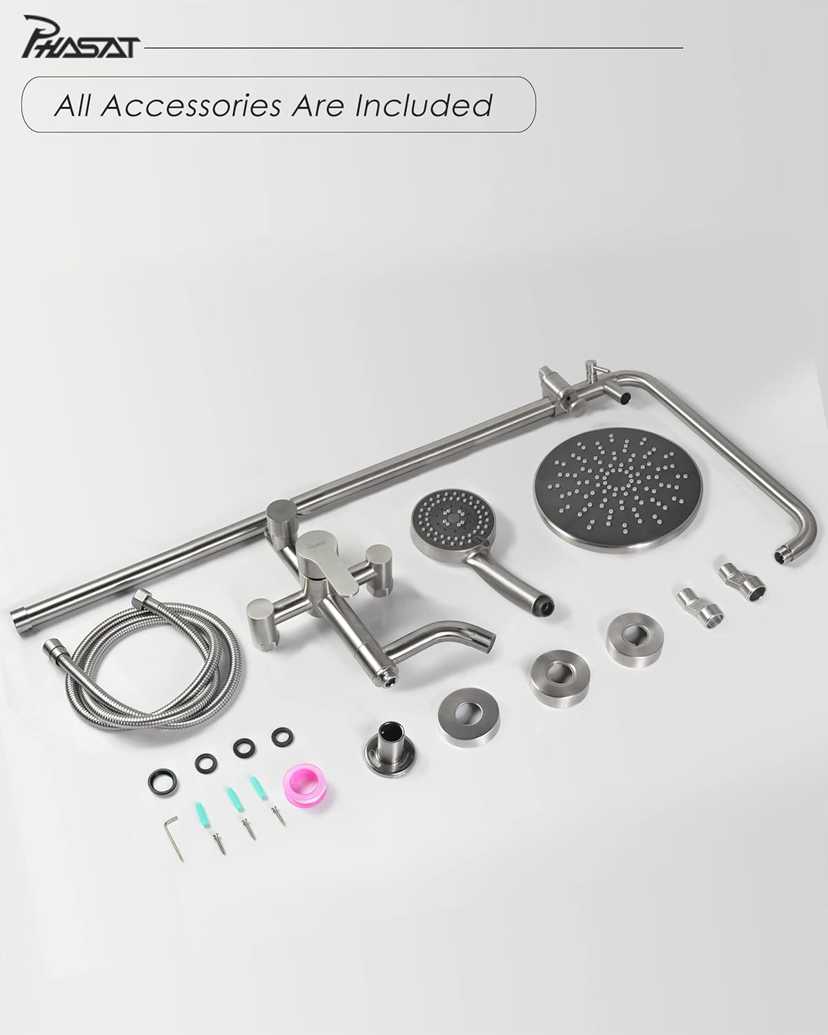 PHASAT Outdoor Shower Fixtures Brushed Nickel,Lead-Free SUS 304 Stainless Steel Bathroom Faucet Set,Wall Mounted Exposed Shower System,3-Function,CT8323N