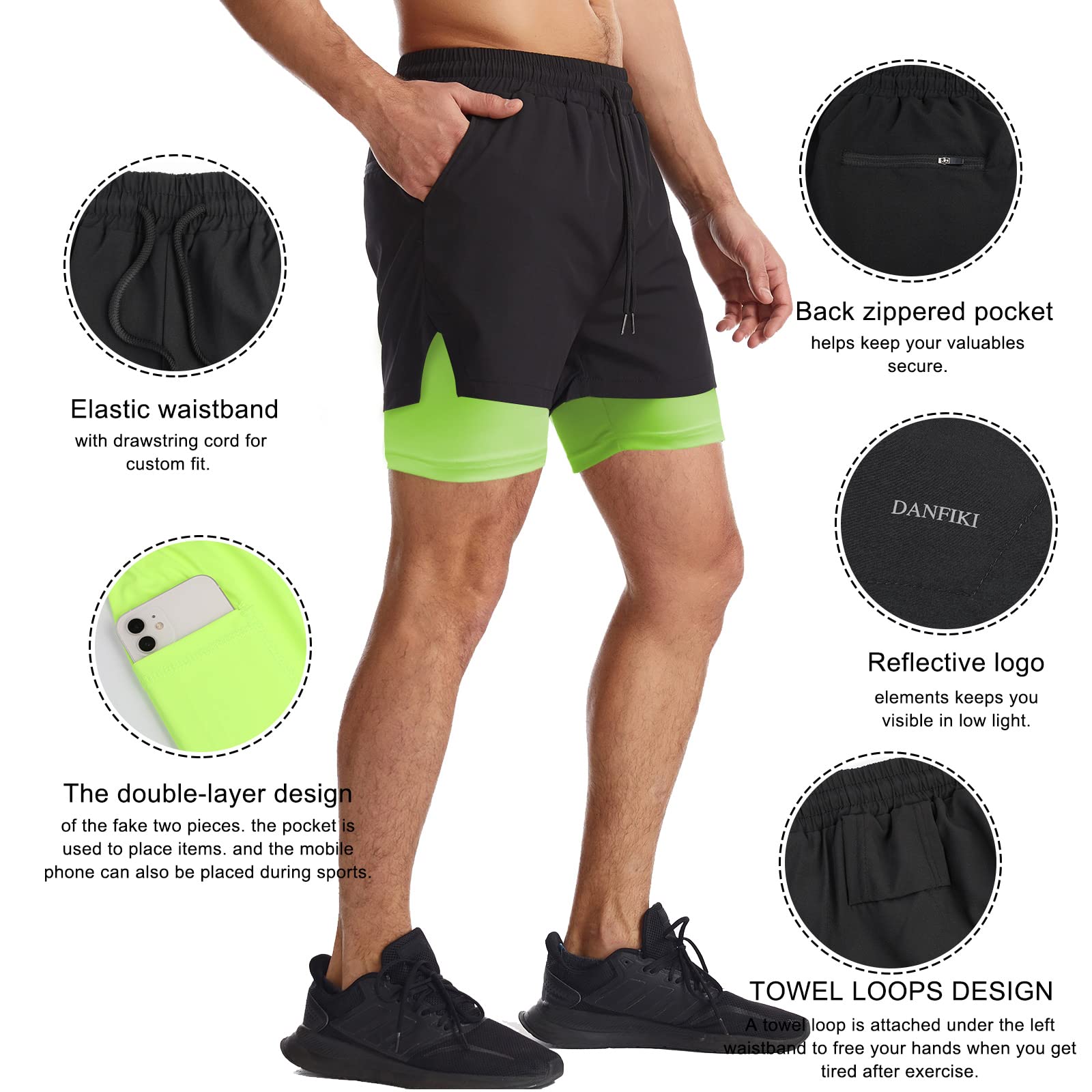 Danfiki Pantaloncini Sportivi da Uomo Running Shorts Asciugatura Rapida con Tasca per Jogging Tennis Fitness Allenamento 2 in 1
