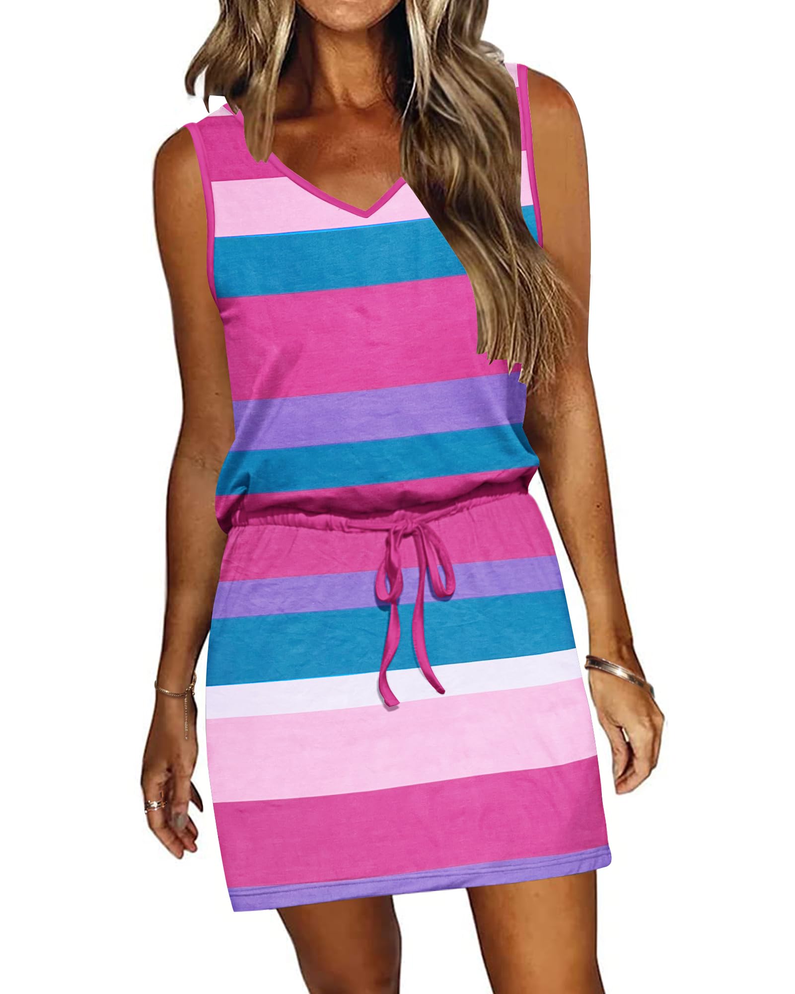 AUSELILY Womens Summer Sleeveless V-Neck Drawstring Mini Dress with Pockets | Short Sundress with Pocket, Cinched Waist &amp; Tie Front, Casual Wear, Beach Vacation Travel Outfits