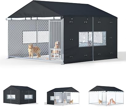 Outdoor Dog Kennel Cover Full Coverage for 10Dx10Wx7H Dog Cages,600D Heavy Duty Waterproof Large Dog Kennel Cover,Kennel not included Black