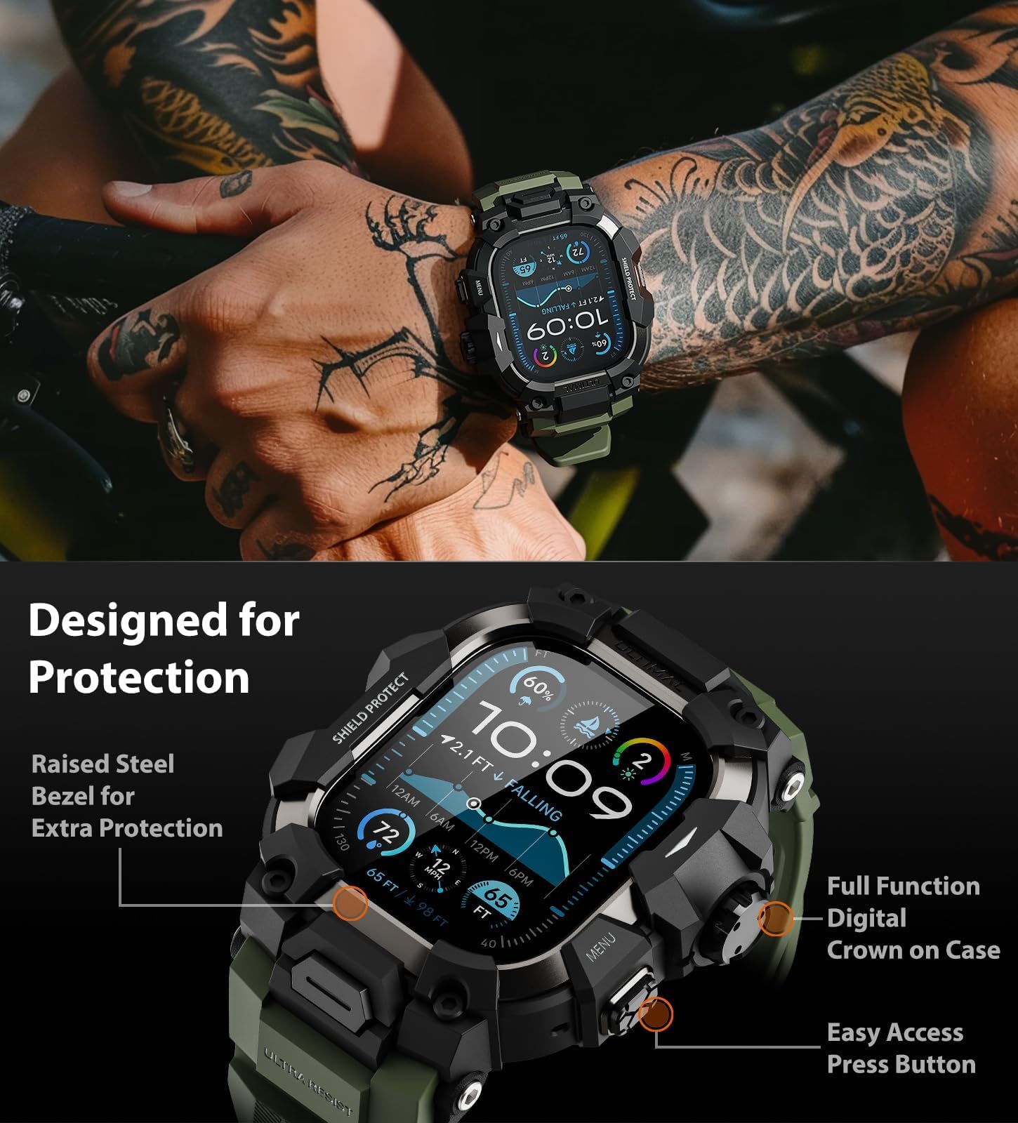 ULTIMAL Sports Bands Compatible with Apple Watch Strap 44mm/45mm, Military Protective Bumper Case, Rugged TPU iWatch Strap, Adjustable Band for Apple Watch Series 9 8 7 6 5 4 SE